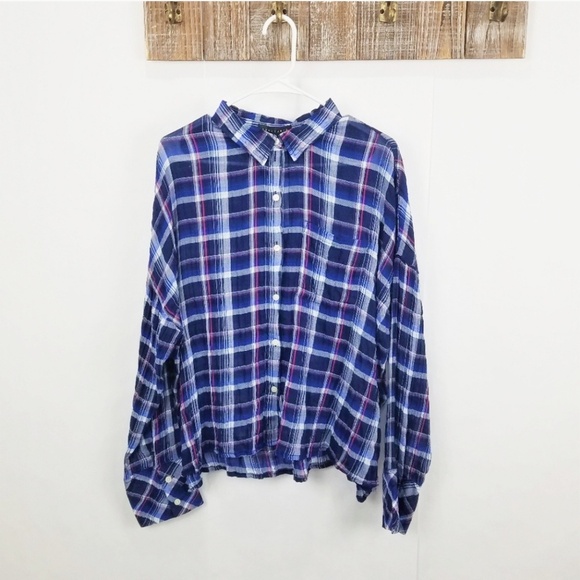 Sanctuary Blue Checked Plaid Boyfriend Button-Down Shirt – Size Large - Picture 1 of 5
